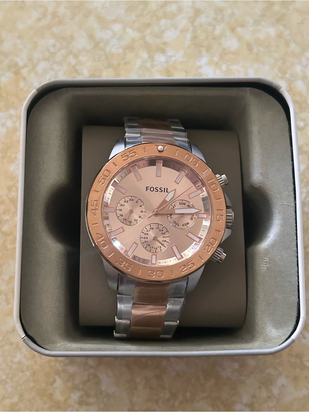 Fossil Men’s Rose Gold and Silver Two-Tone Chronograph Watch